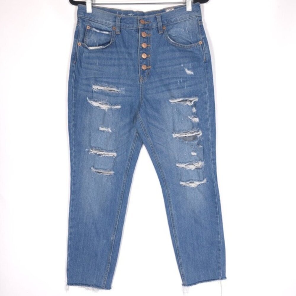 Free People Women Button Fly Exposed Distressed Straight Jeans HIGH RISE Size 29